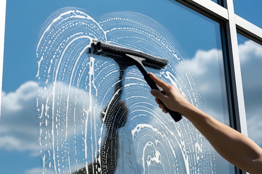Professioneller Fensterreinigungsservice: Eine Person reinigt mit einem Abzieher ein mit Seifenlauge benetztes Fenster vor dem Hintergrund eines strahlend blauen Himmels